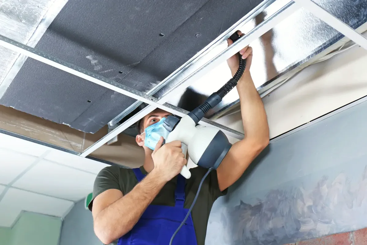 Worker in a mask cleaning a ceiling air duct with a handheld tool