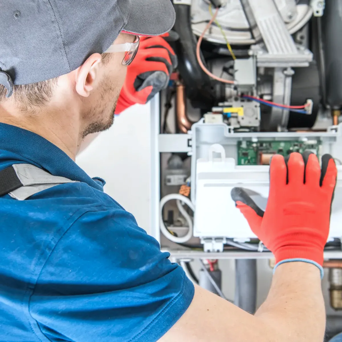 Technician in red gloves servicing a boiler's controls