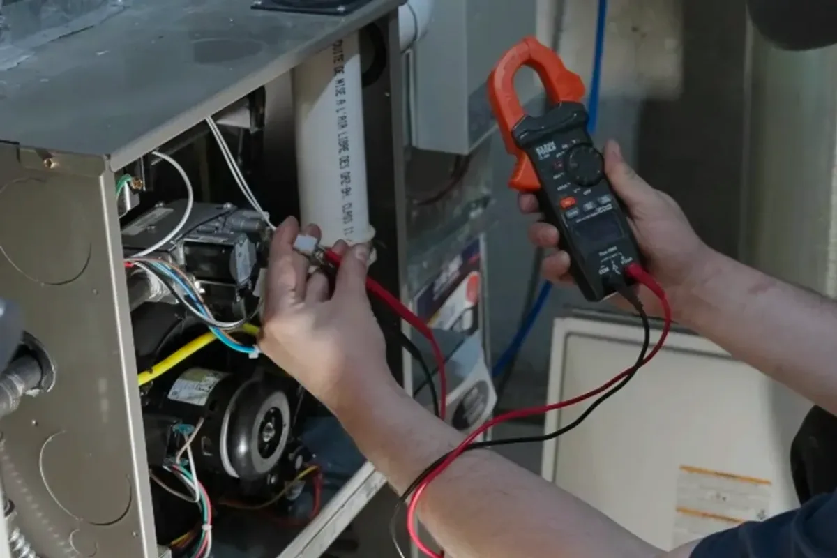 Technician testing a furnace's wiring with a clamp meter
